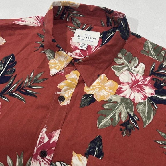Lucky Brand Men Red Floral Button Up Short Sleeve Tropical Hawaiian Size XXL 2XL - Picture 1 of 7